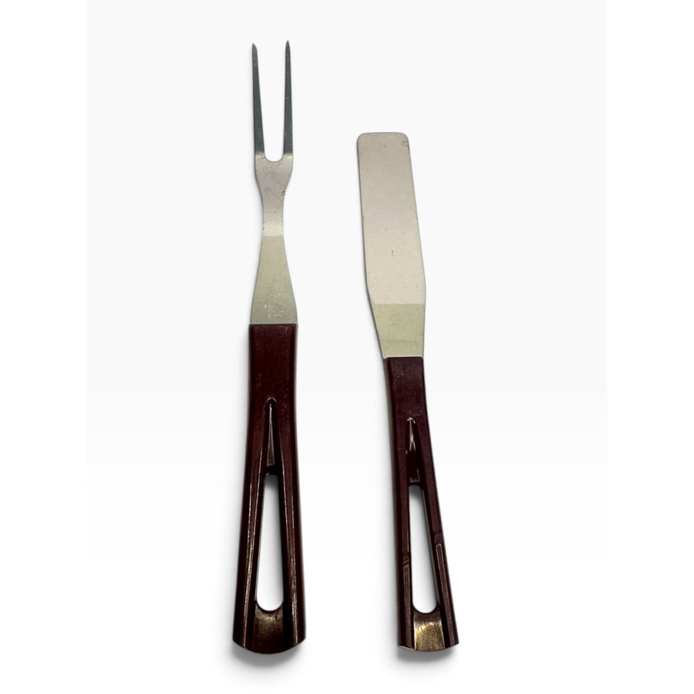 Stanhome Serving Set Fork Spreader OS Brown Vintage Stainless MCM Cutout